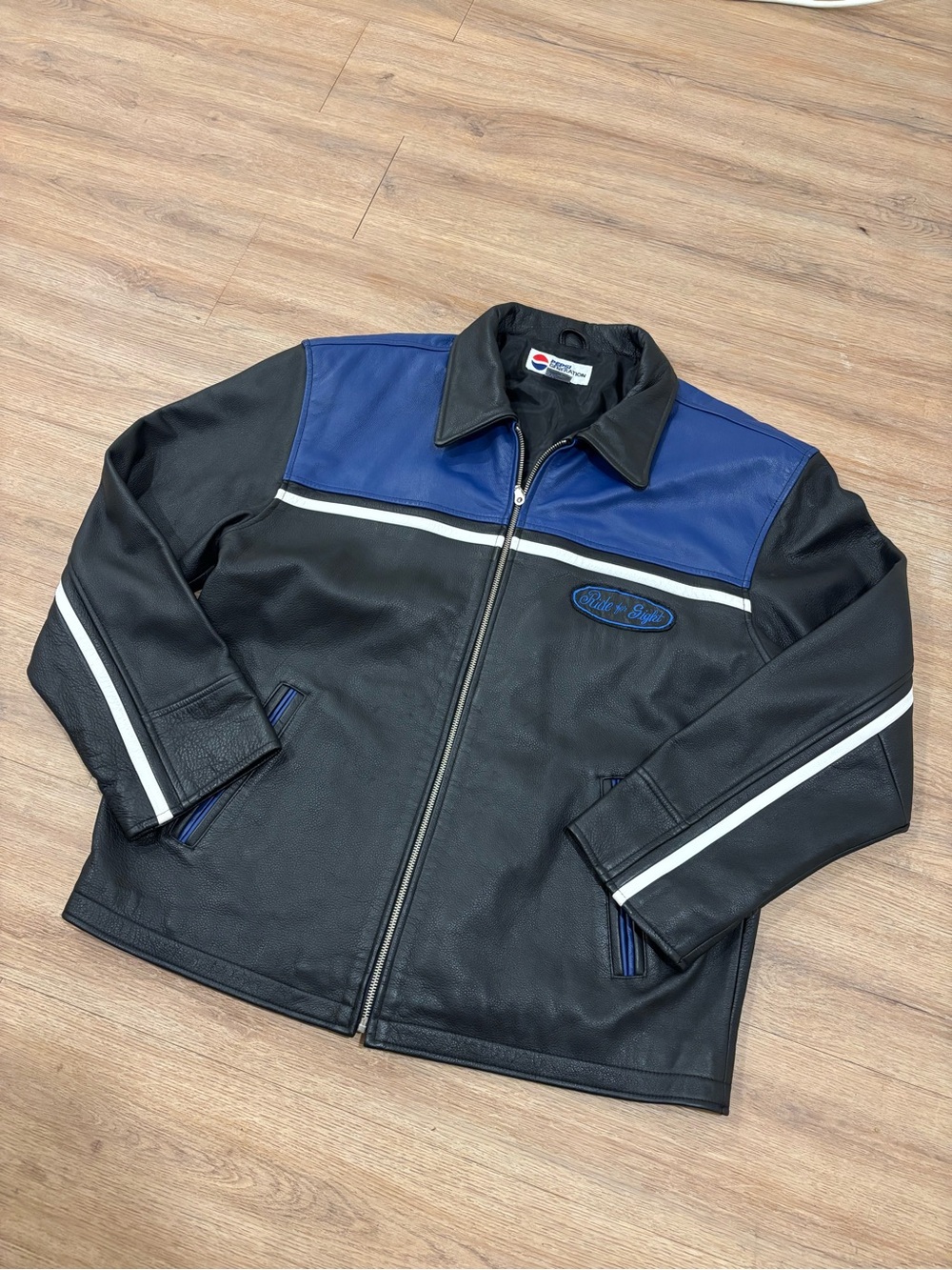 Pepsi Black and Blue Men's Leather-Style Bomber Jacket with White Stripes